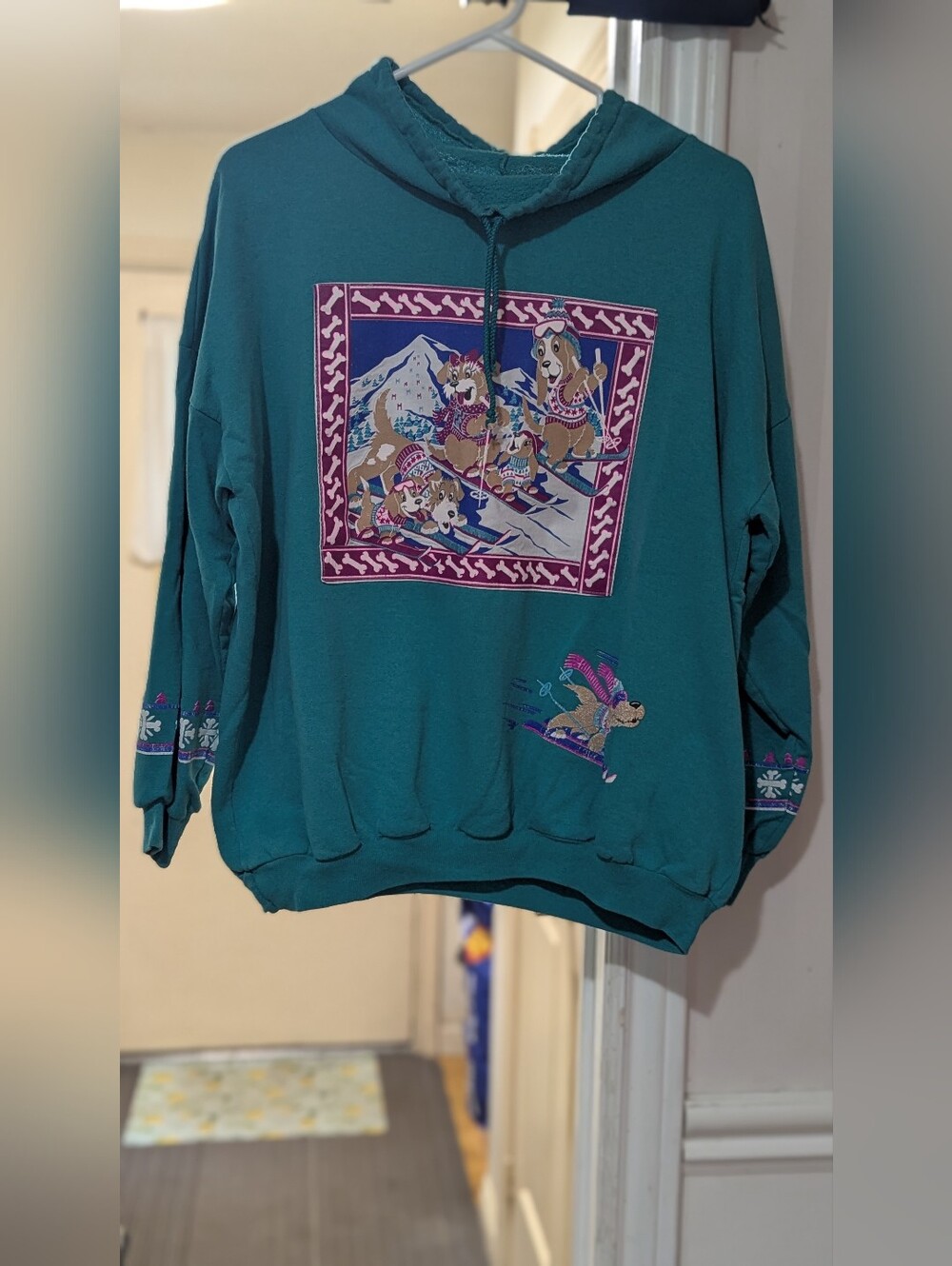 Vintage Teal Graphic Ski Dogs Hooded Sweater